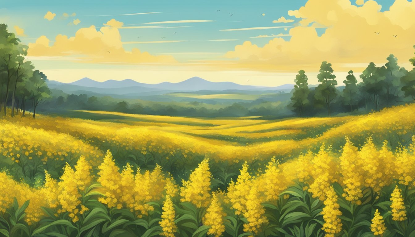 A field of goldenrod plants in full bloom, with their vibrant yellow flowers swaying in the breeze