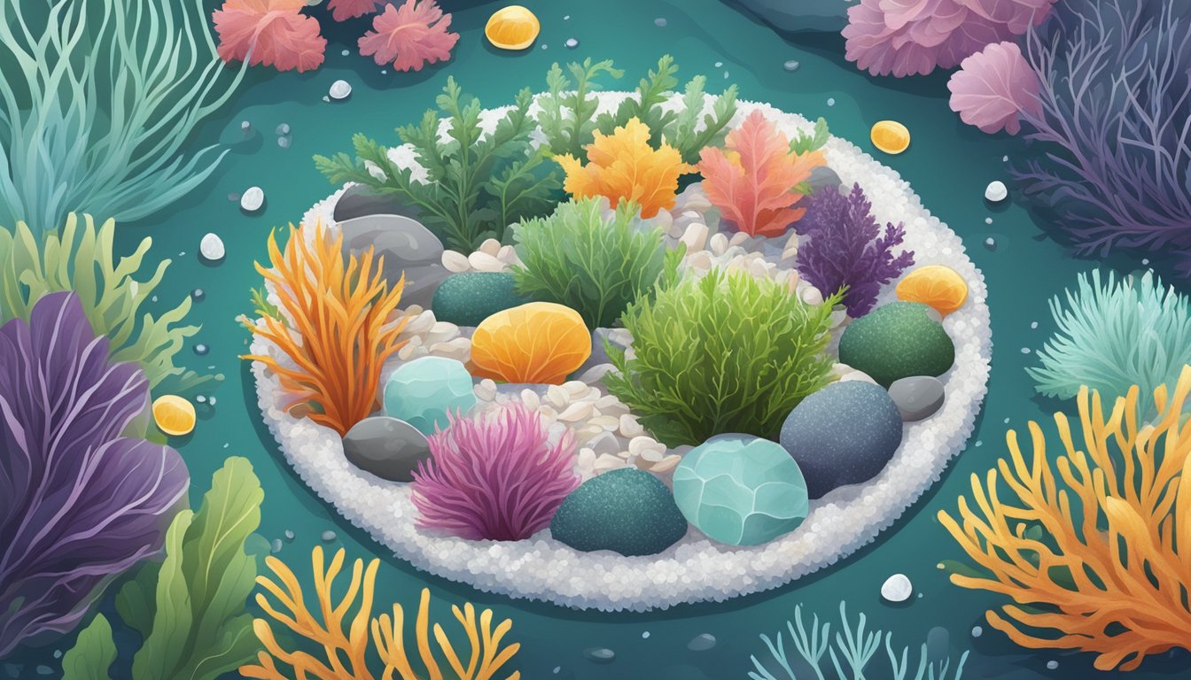 A variety of seaweeds arranged in a circle, with vibrant colors and different textures, surrounded by a scattering of sea salt and small pebbles