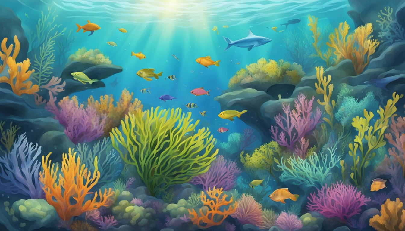 A vibrant underwater scene with four varieties of kelp and seaweed, each showcasing their unique shapes and colors, surrounded by small marine creatures