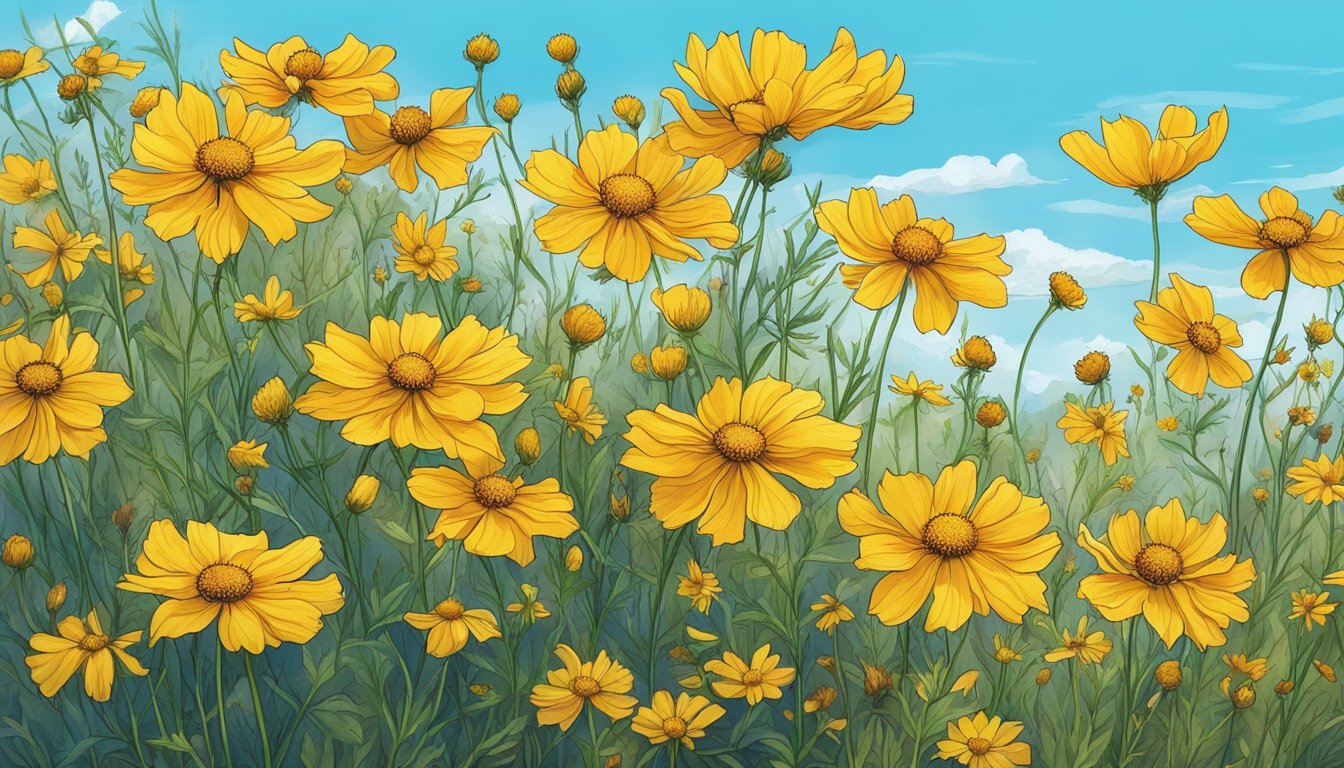 A field of vibrant Coreopsis flowers in full bloom, surrounded by other wild plants, under a clear blue sky