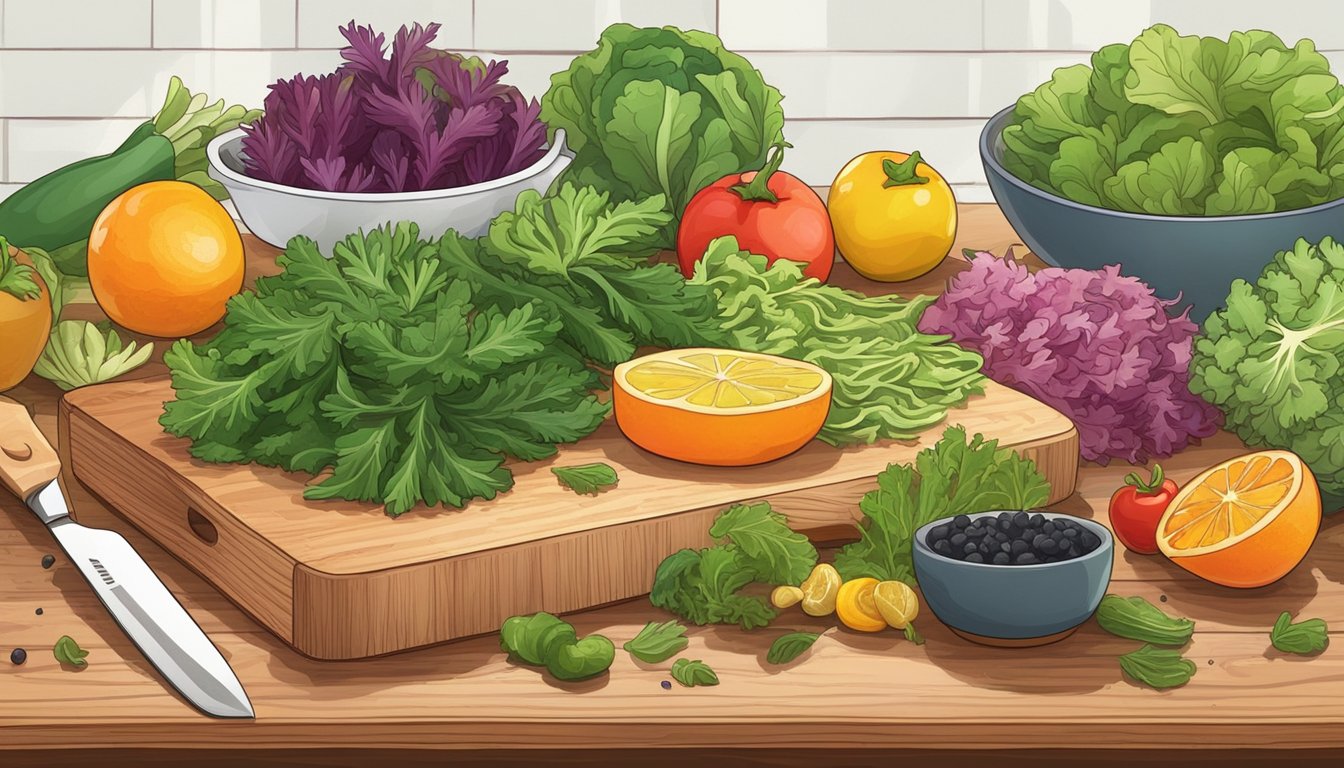 A colorful array of seaweeds arranged on a wooden cutting board, surrounded by various fresh vegetables and fruits, with a chef's knife and cutting board in the background