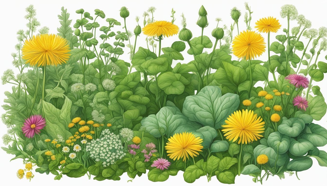 A lush garden with 25 different edible weeds, including dandelions, purslane, and chickweed, growing among the vegetables and herbs