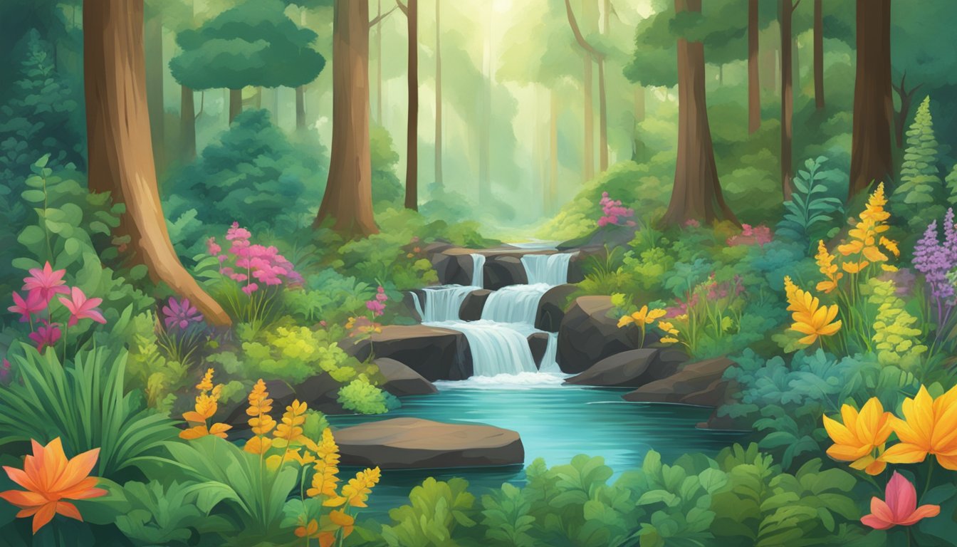 A lush forest clearing with 18 wild plants in vibrant colors, surrounded by pots of boiling water and bundles of fabric