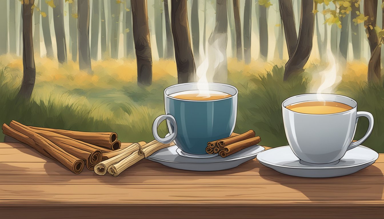 Three tree barks: cinnamon, birch, and willow, displayed on a wooden table with a steaming cup of tea