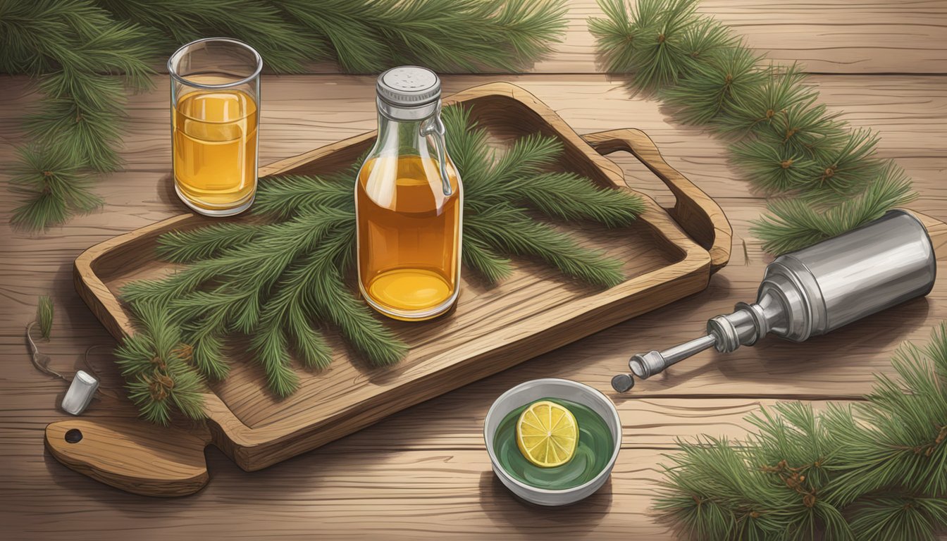 An array of foraged ingredients, including Douglas Fir syrup, displayed on a rustic wooden table with scattered pine needles and a vintage cocktail shaker