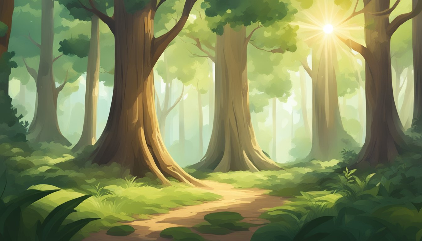 A serene forest clearing with three different types of tree bark, each labeled with its name, surrounded by lush greenery and sunlight filtering through the trees