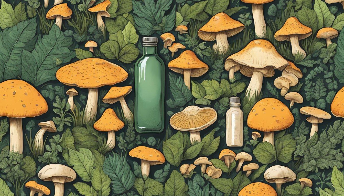 A forest floor with various mushrooms, plants, and herbs scattered around, with a small bottle of chanterelle mushroom tincture in the center