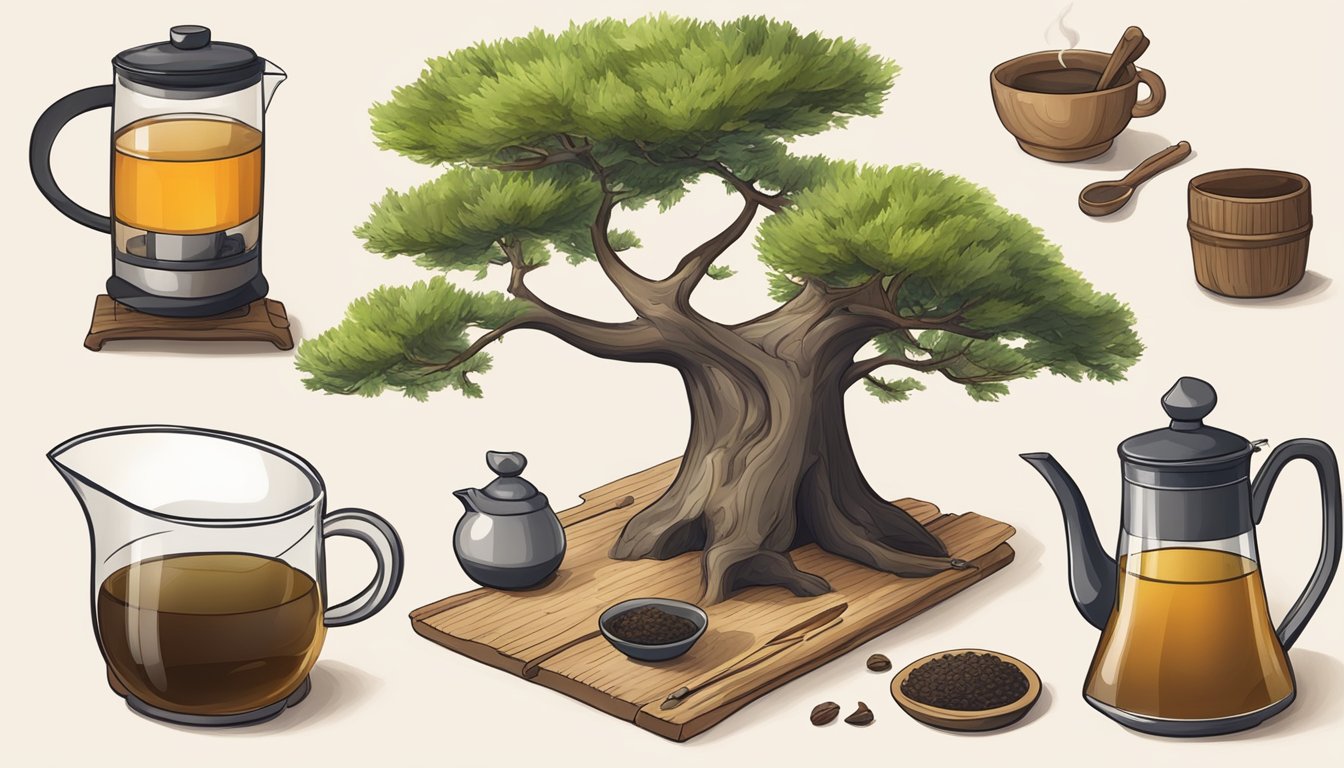 Three different tree barks arranged with tea-making equipment nearby