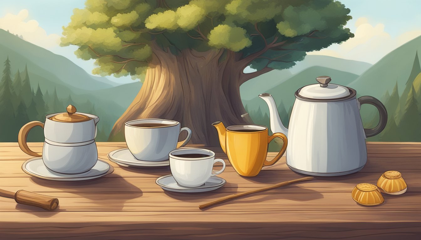 Three different types of tree barks arranged on a wooden table, with a kettle and teacups nearby