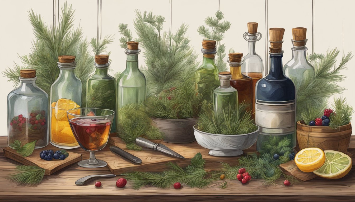 A rustic wooden table adorned with foraged pine needles, berries, and herbs, surrounded by vintage glass bottles and cocktail tools