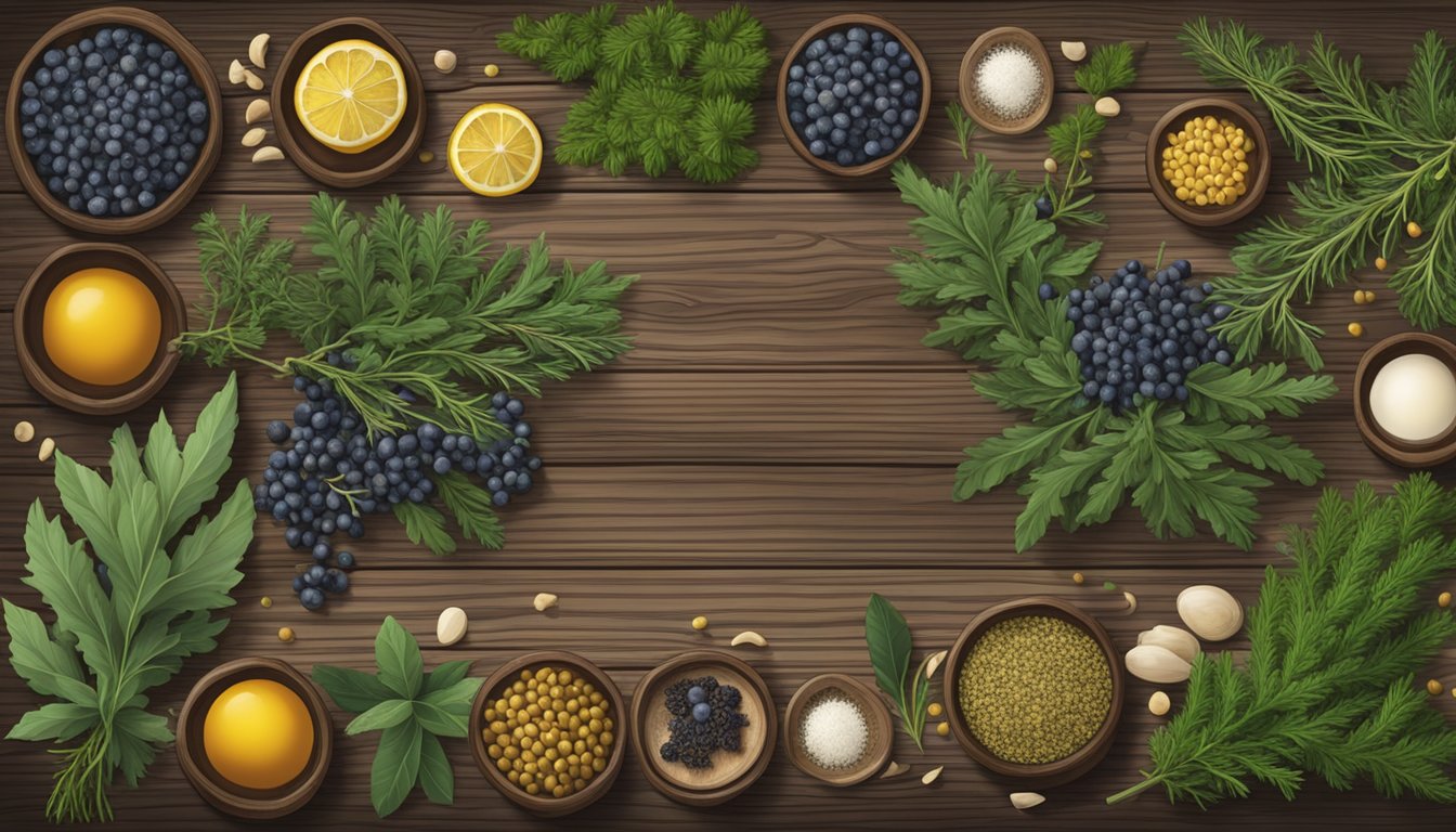 A rustic wooden table with foraged juniper berries, herbs, and other ingredients arranged in a symmetrical pattern