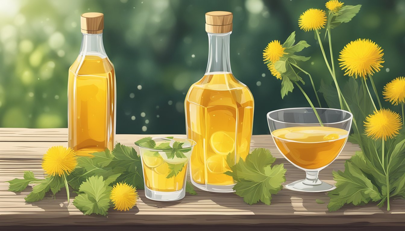 A sunny field with dandelions and various foraged ingredients arranged on a rustic wooden table, with a bottle of syrup and cocktail glasses nearby