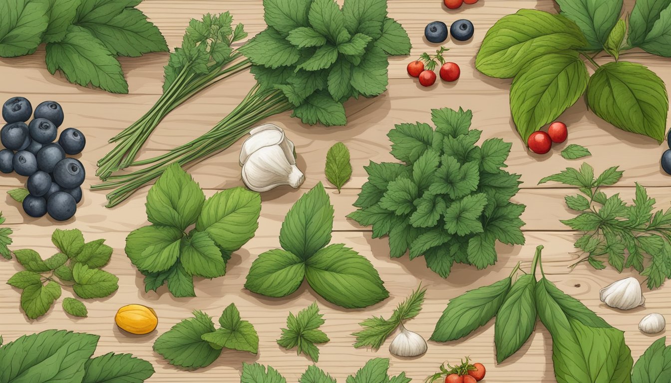 A collection of foraged ingredients including nettle leaves, berries, and herbs arranged on a rustic wooden table