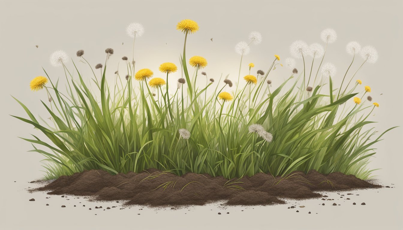 A patch of wild grass and soil with dandelion roots scattered around