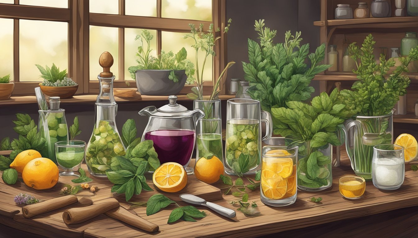 A collection of various foraged ingredients, such as herbs, fruits, and flowers, arranged on a rustic wooden table, surrounded by cocktail-making tools and glassware