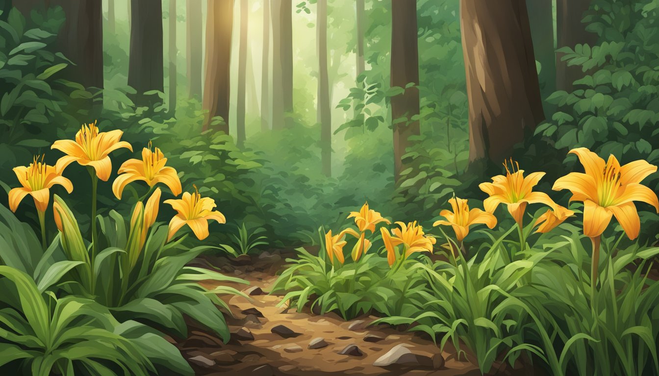 A lush forest floor with various wild edible roots including daylily tubers, surrounded by green foliage and dappled sunlight