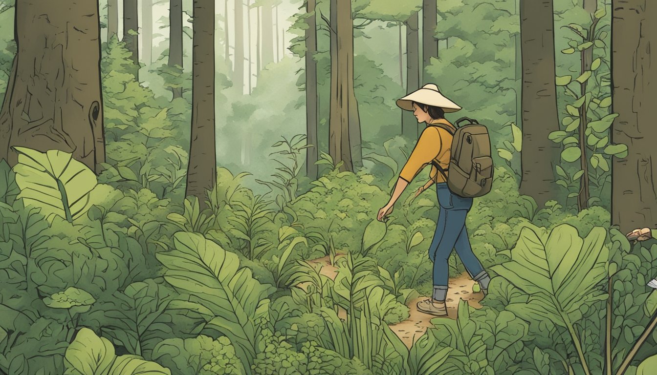 A person walking through a lush forest, carefully picking wild plants and mushrooms while consulting a well-worn copy of "The Essential Wild Food Survival Guide" by Linda Runyon