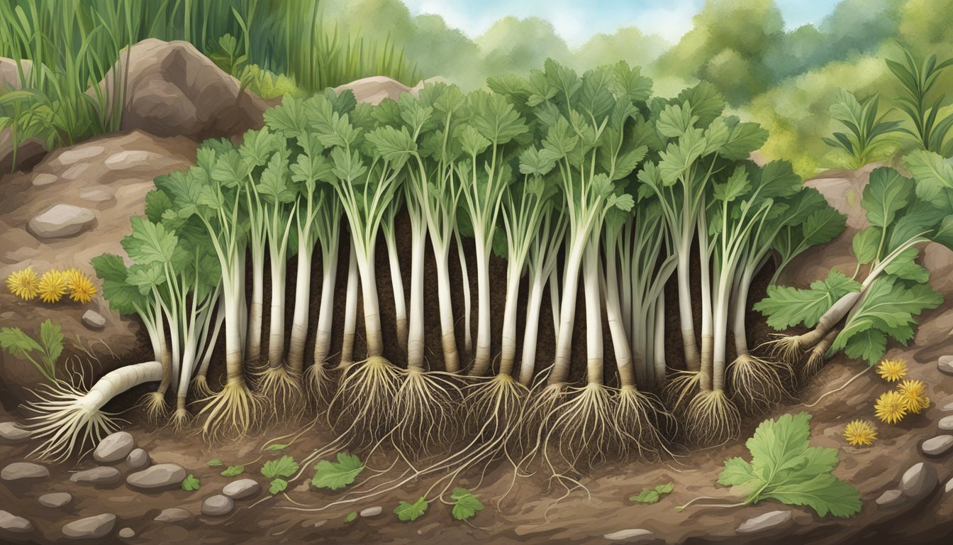 A variety of edible roots, including salsify, are shown growing in the wild, surrounded by greenery and soil