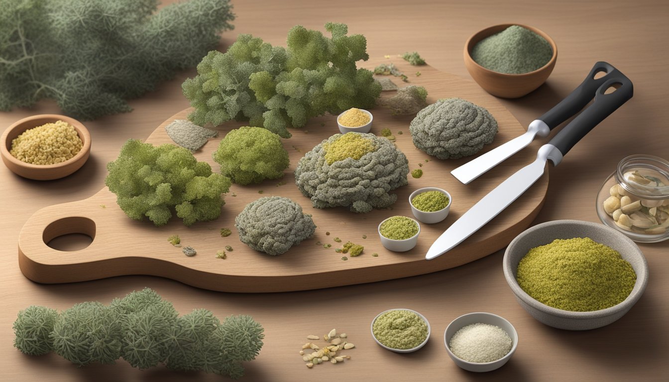 Five Bryoria fremontii lichens arranged on a wooden cutting board with various culinary tools and ingredients surrounding them