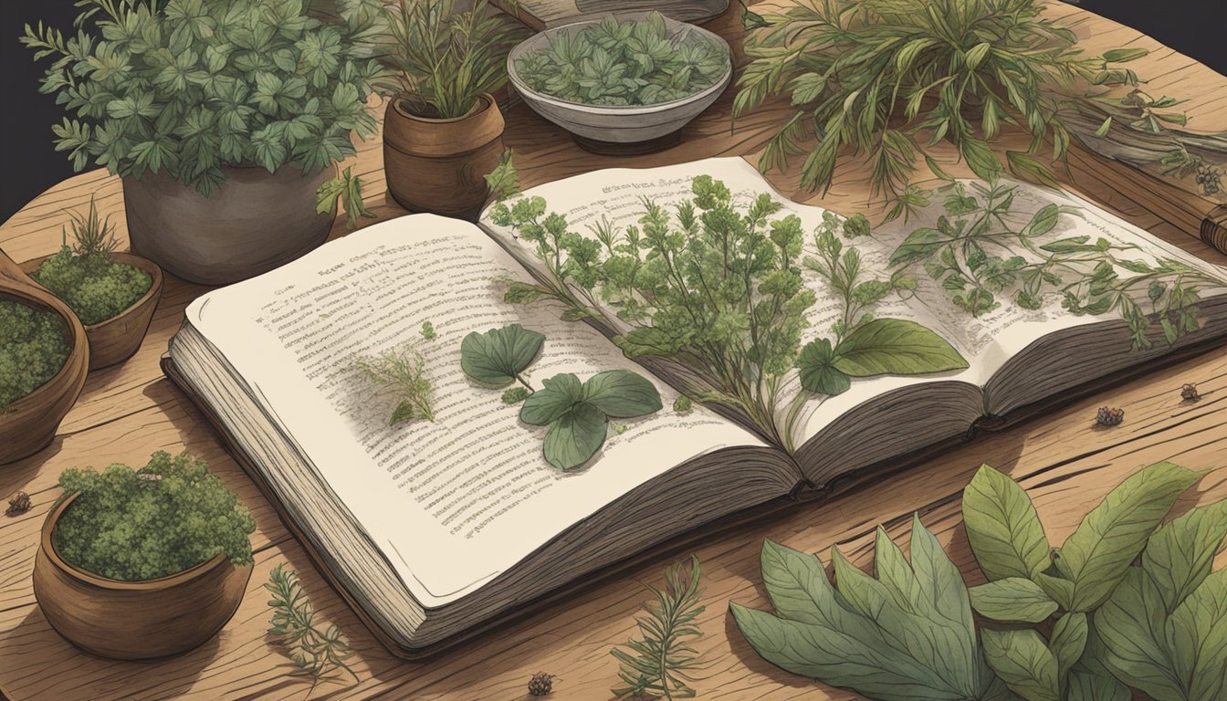 A rustic scene with a variety of wild plants and herbs scattered across a wooden table, accompanied by a book titled "Wild Remedies" by Rosalee de la Forêt and Emily Han