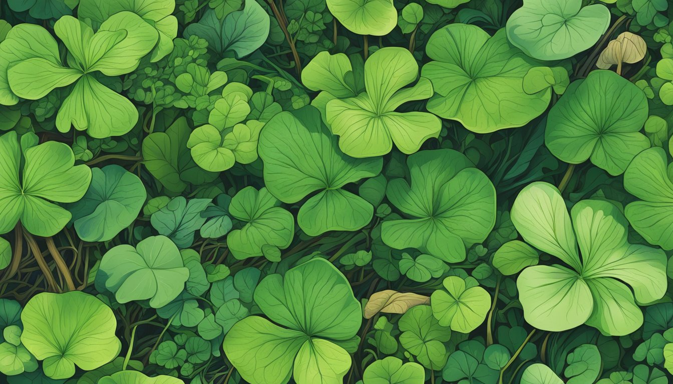 A lush forest floor with vibrant green Siberian Miner's Lettuce and various edible roots scattered among the underbrush