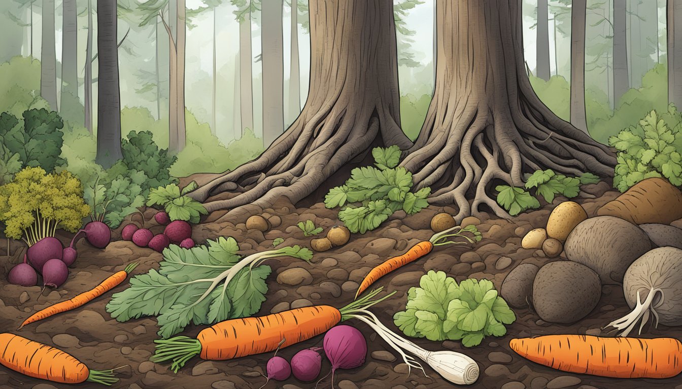 A variety of edible roots, including carrots, potatoes, and beets, are scattered across the forest floor, ready to be dug up and collected