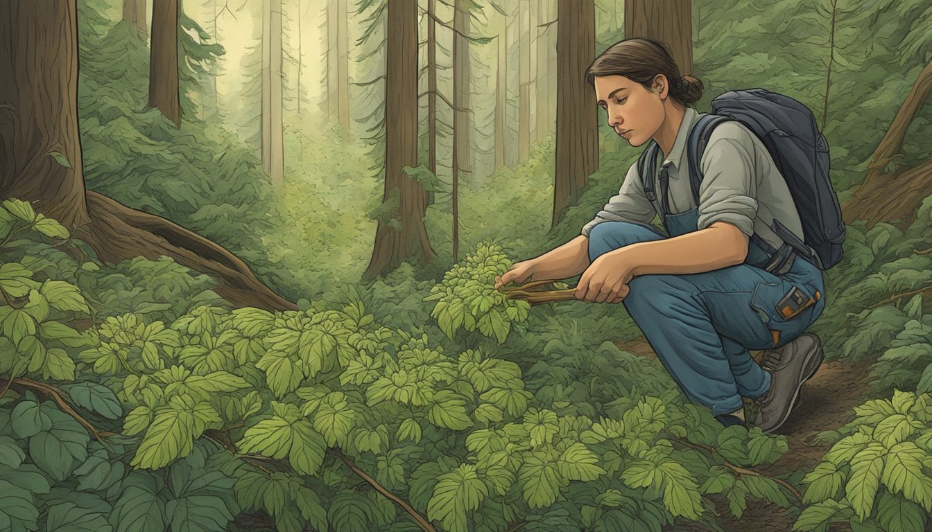 A person gathers wild edible plants in a lush Pacific Northwest forest, referencing "Pacific Northwest Foraging" by Douglas Deur