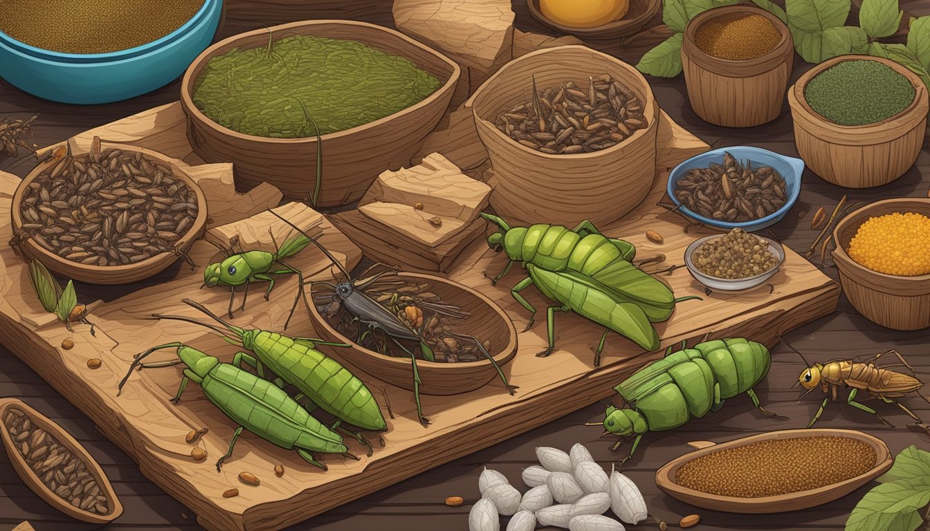 A rustic wooden table covered in a variety of edible insects, including crickets, grasshoppers, and mealworms, with foraging tools scattered around