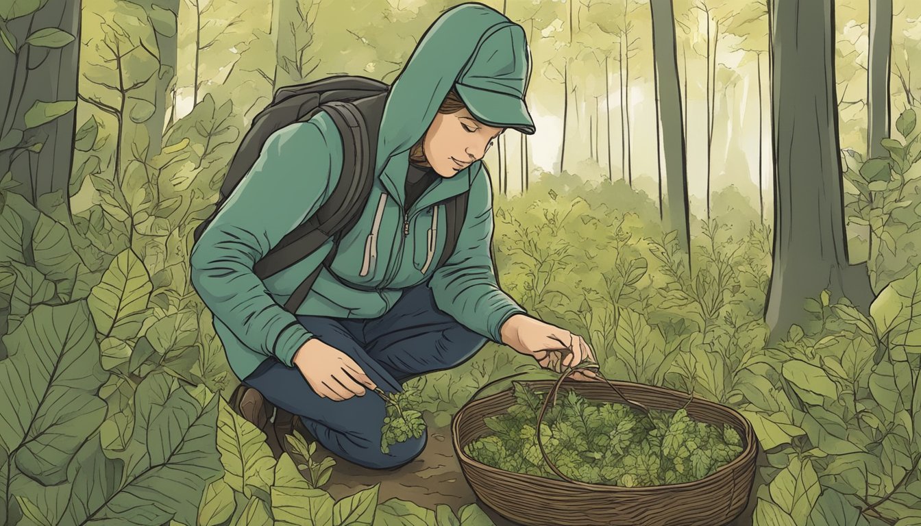 A person collecting wild food in a Midwest forest, identifying plants and using a guidebook for foraging