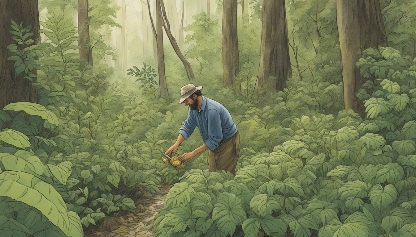 A person is foraging for wild food in the Southeast, surrounded by lush vegetation and various edible plants. The book "Southeast Foraging" by Chris Bennett is prominently featured