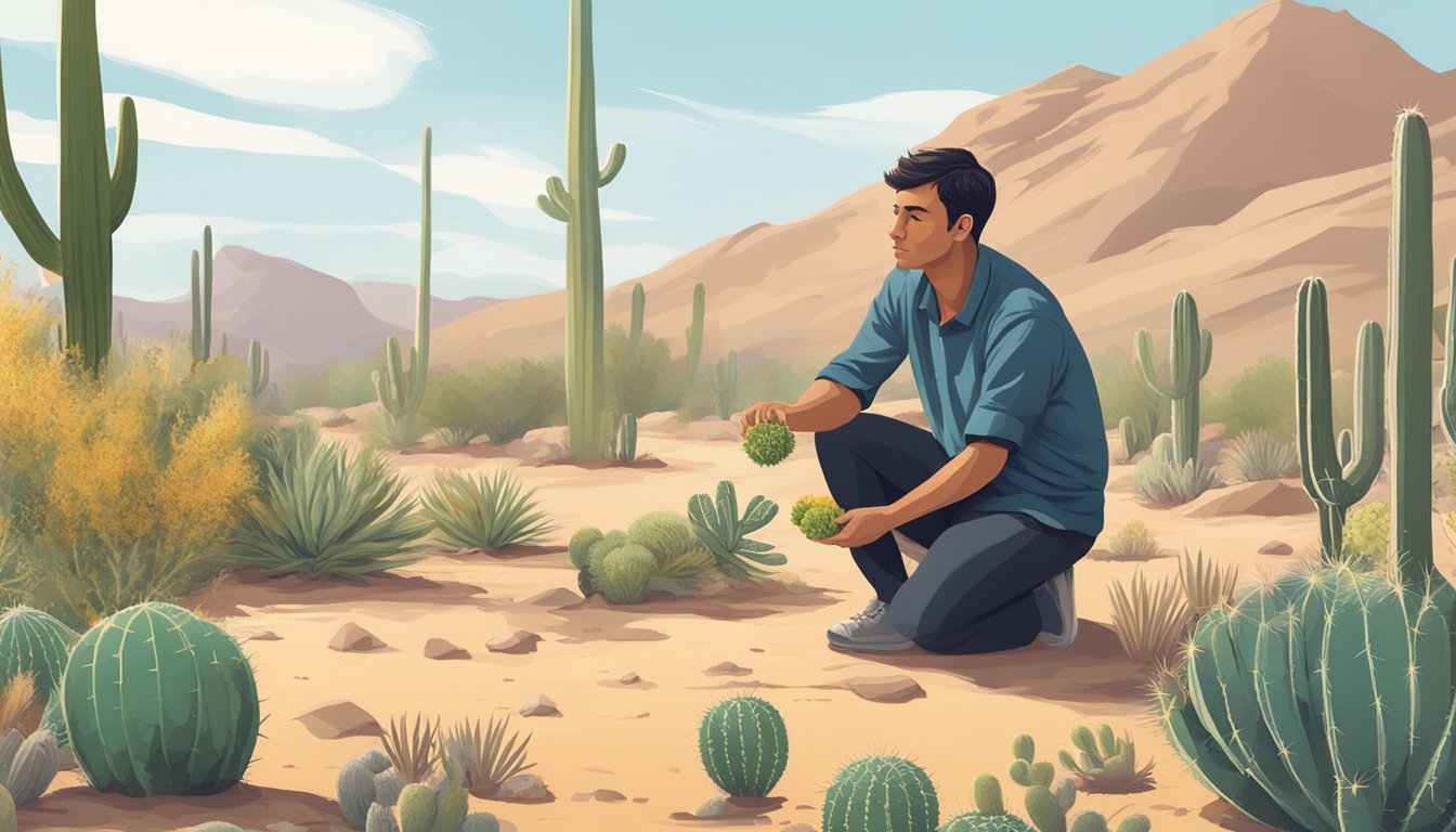 A person kneeling in a desert landscape, surrounded by cacti and wild plants, foraging for edible food