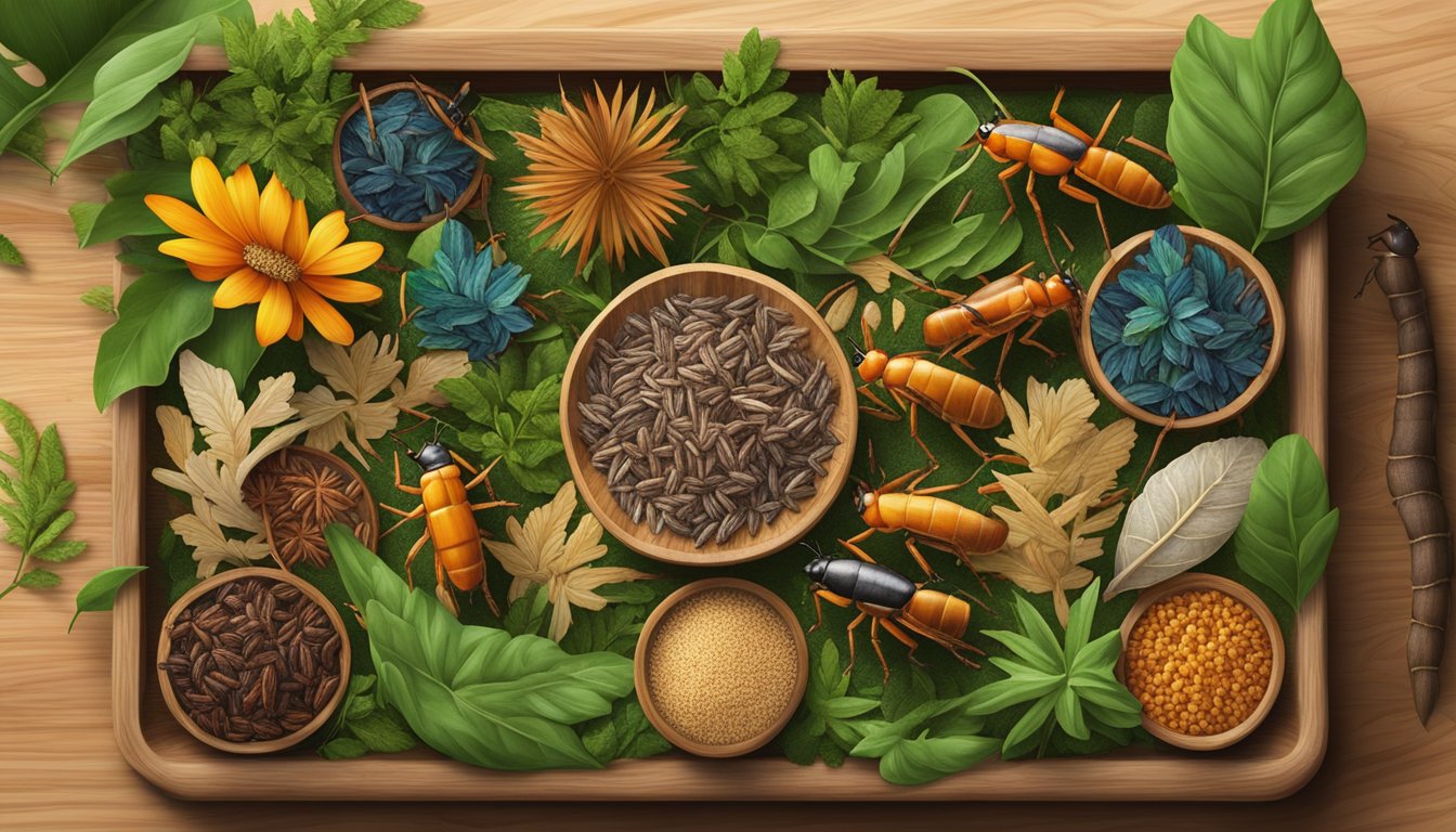 A colorful array of mealworms, crickets, and grasshoppers arranged on a wooden platter, surrounded by vibrant green leaves and small twigs