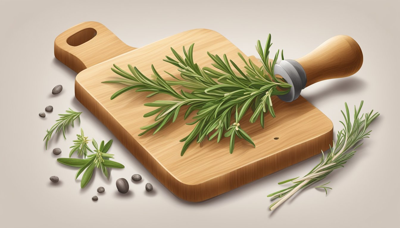 A wooden cutting board with fresh rosemary and wild herbs scattered around a mortar and pestle