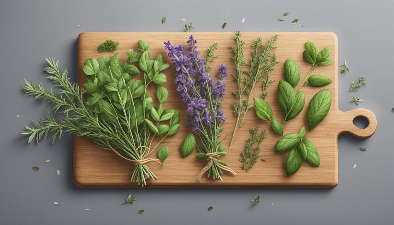 A collection of fresh thyme and wild herbs arranged on a wooden cutting board, surrounded by scattered leaves and small sprigs