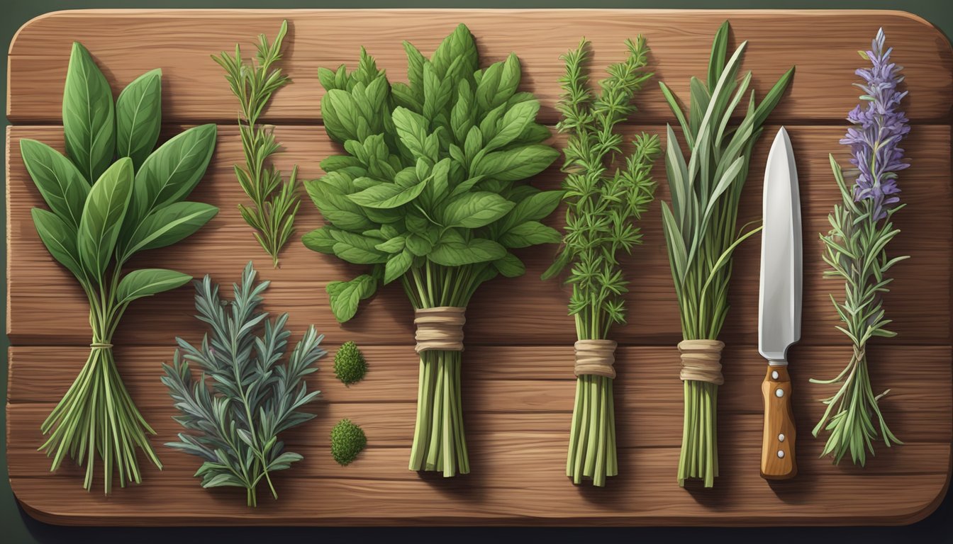 A collection of wild herbs, including sage, thyme, and rosemary, arranged on a rustic wooden cutting board