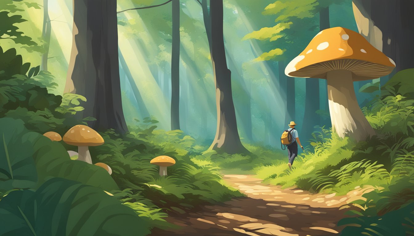 A person walking through a lush forest, carefully examining the ground for various types of mushrooms. The sunlight filters through the canopy, casting dappled shadows on the forest floor