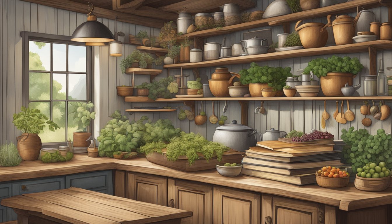 A rustic kitchen with shelves of foraging books, a wooden table, and wild food ingredients like berries, herbs, and roots