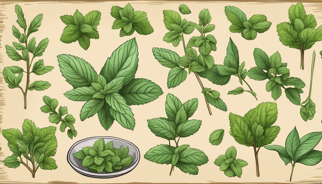 A collection of eight wild herbs, including mint, arranged on a wooden cutting board, ready to be used in cooking