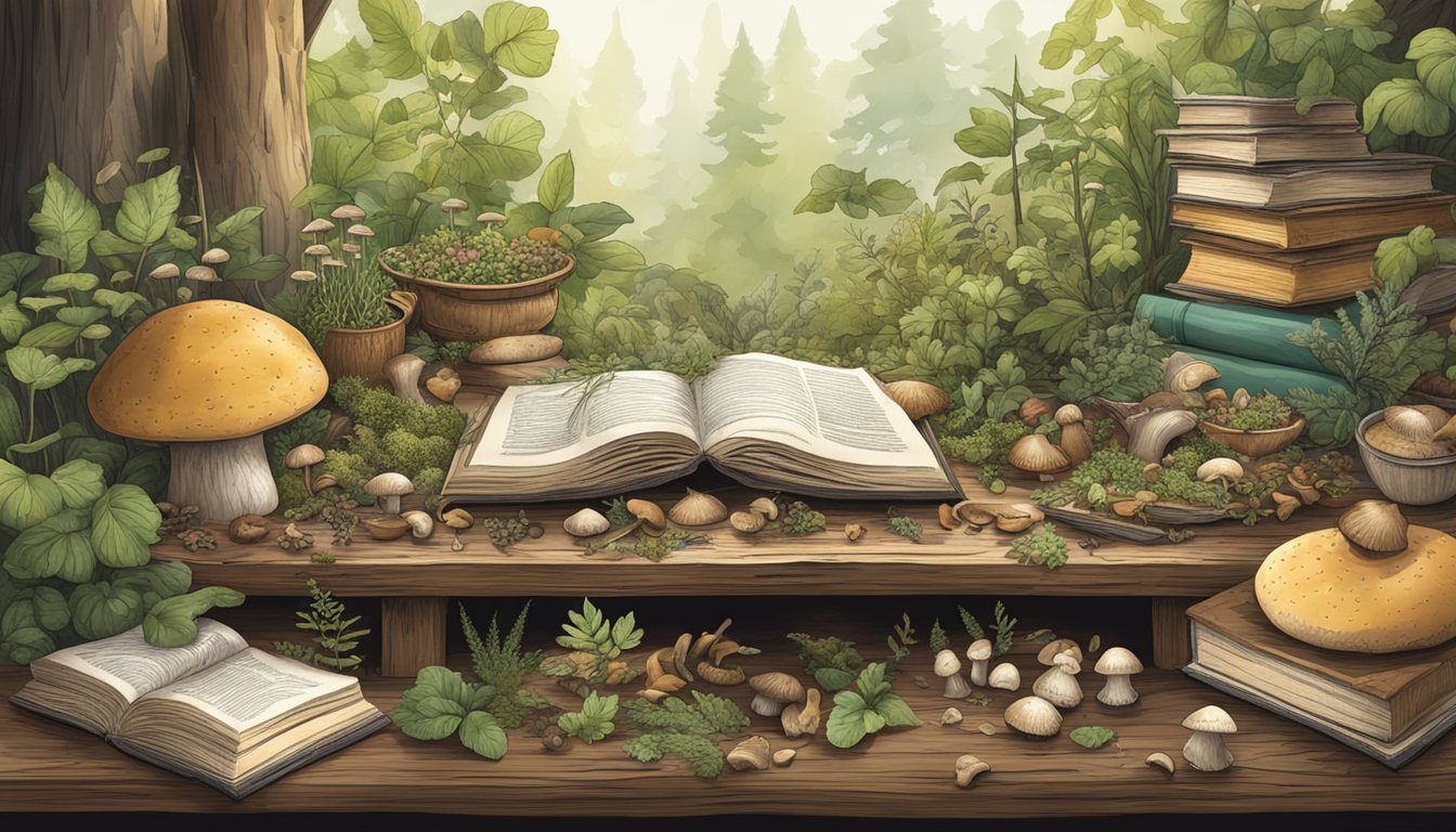 A rustic wooden table covered in foraged plants and mushrooms, surrounded by open books on wild food foraging