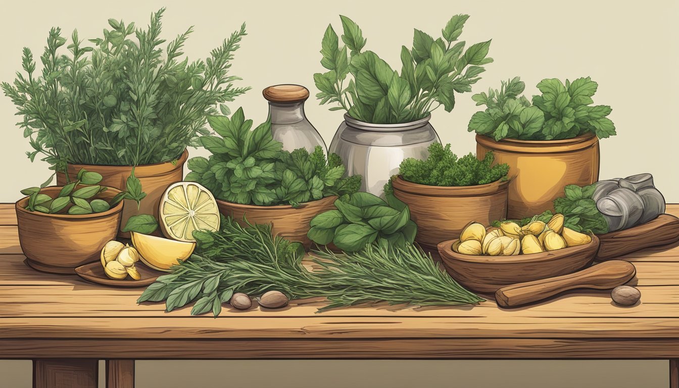 A rustic wooden table adorned with fresh wild herbs and common ingredients, ready to be paired together for flavorful cooking