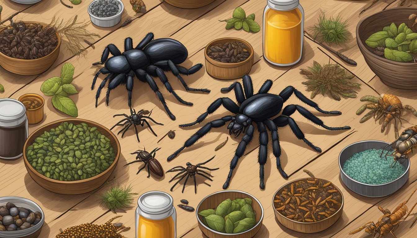 A collection of tarantulas and various edible insects displayed on a wooden table, surrounded by foraging tools and containers