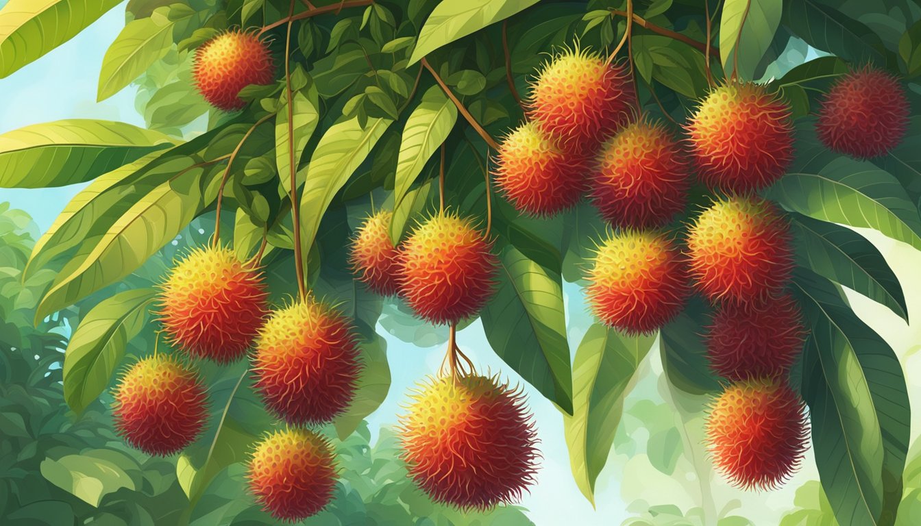 A cluster of rambutan fruits hanging from a tree branch, surrounded by lush green leaves and dappled sunlight filtering through the canopy