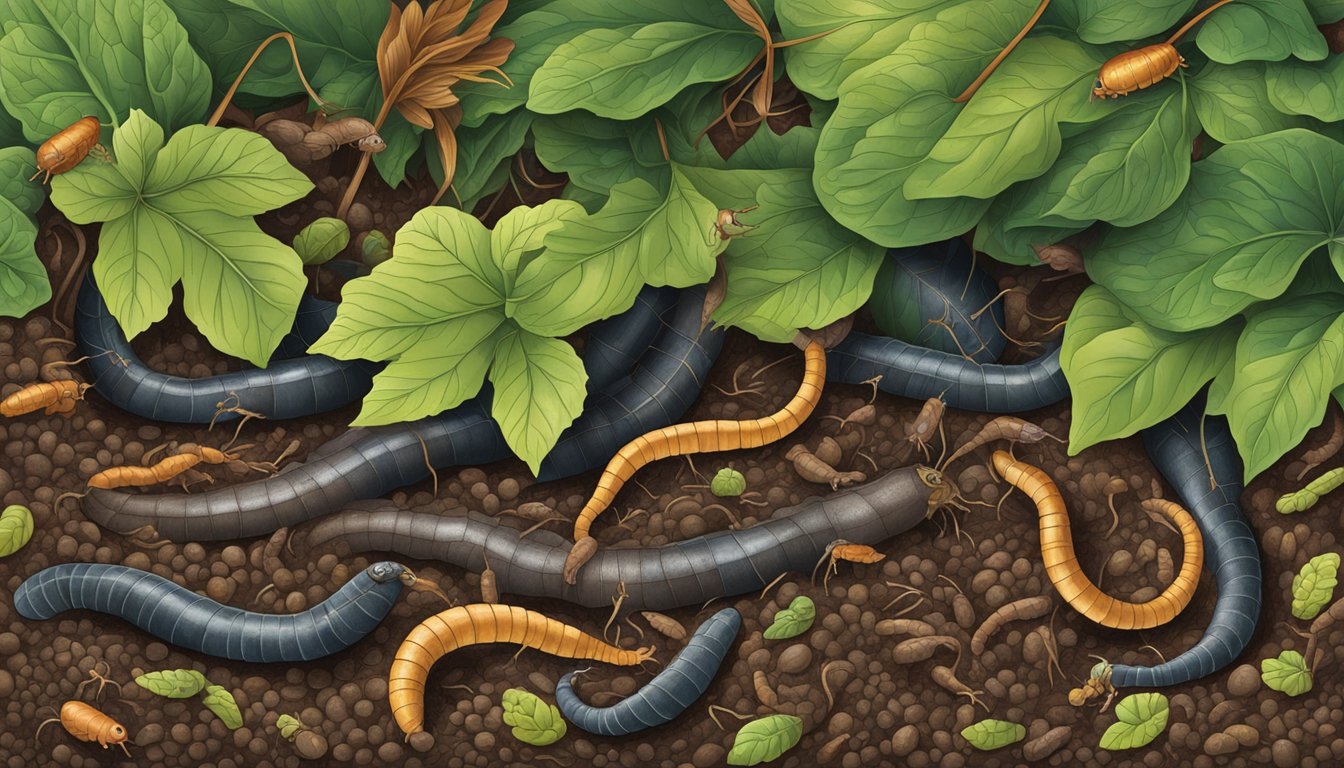 A group of earthworms and various edible insects crawling and wriggling among leaves and soil