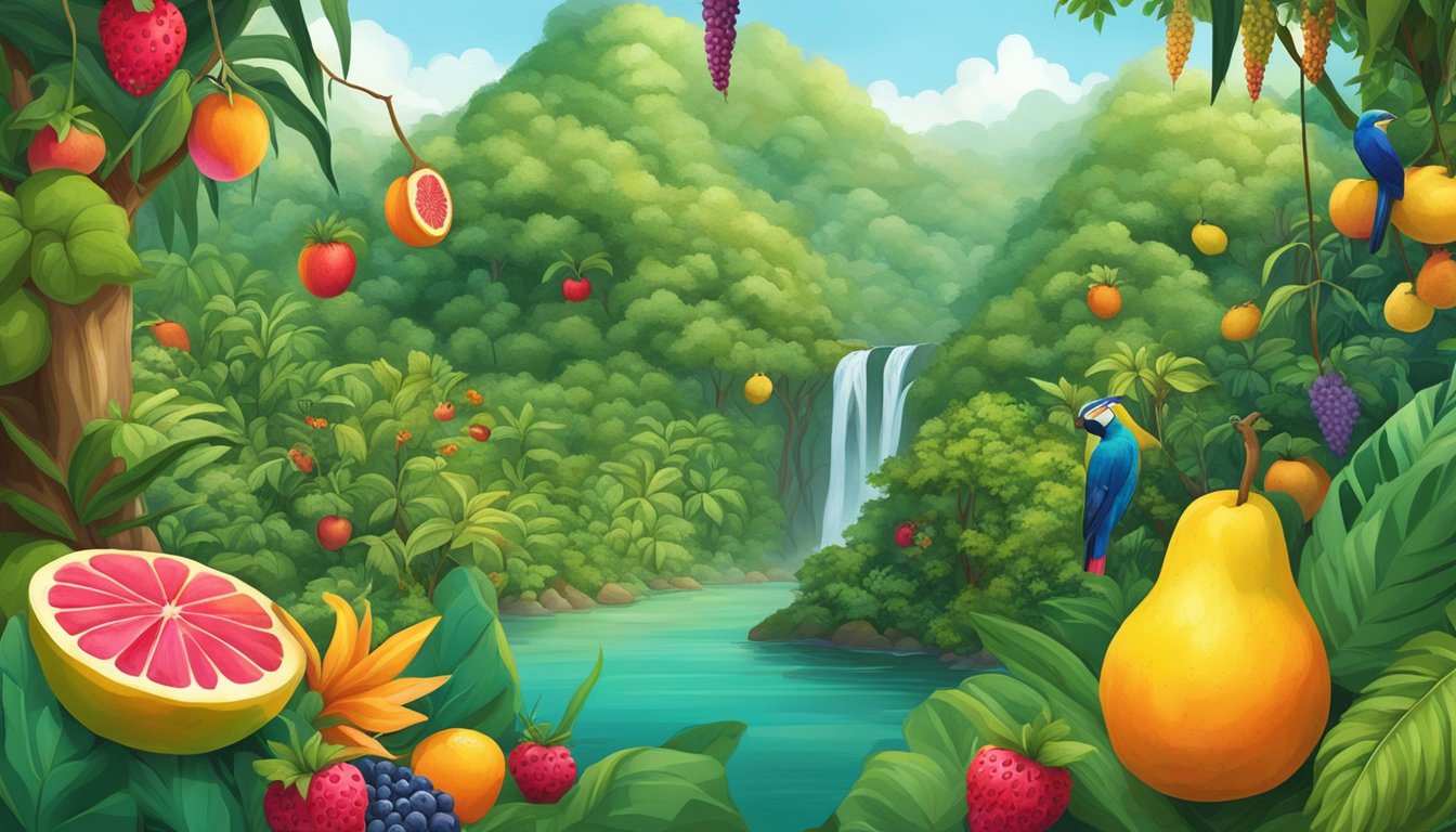 A lush jungle setting with vibrant, unfamiliar fruits hanging from trees, surrounded by lush greenery and colorful wildlife