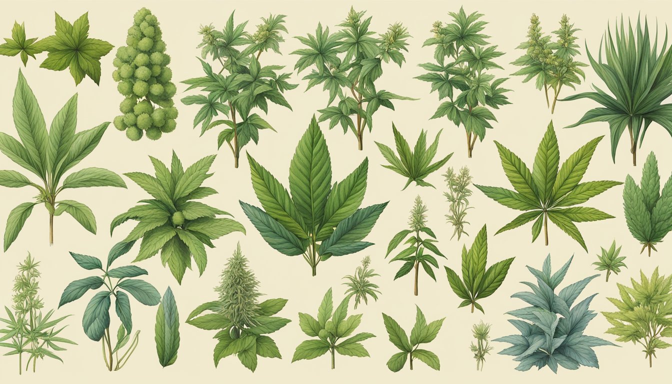 A variety of 17 different plants, including hemp, are arranged in a natural setting, showcasing their potential for use as cordage material