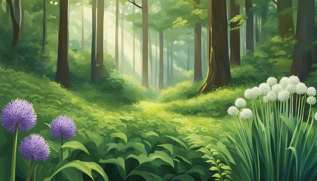 A lush forest clearing with four different wild allium plants towering over the dense undergrowth, their vibrant green leaves and delicate white flowers standing out against the dappled sunlight