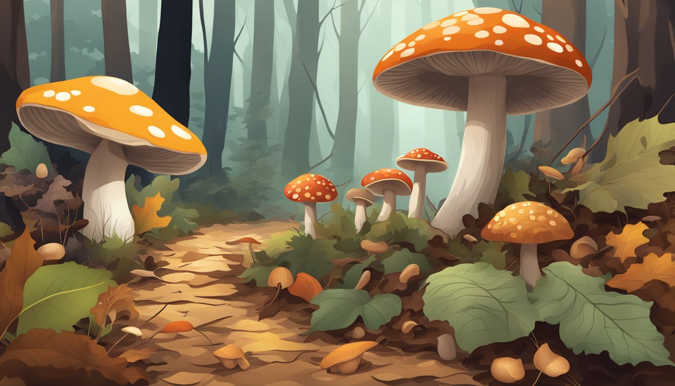 A forest floor with various types of mushrooms in different sizes and colors scattered among the fallen leaves and twigs