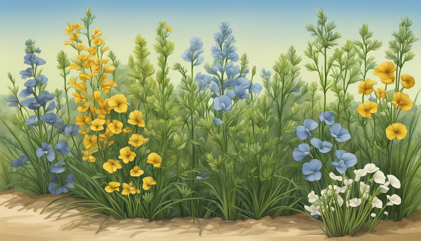 A variety of flax plants arranged in a natural, outdoor setting, with different colors and textures visible