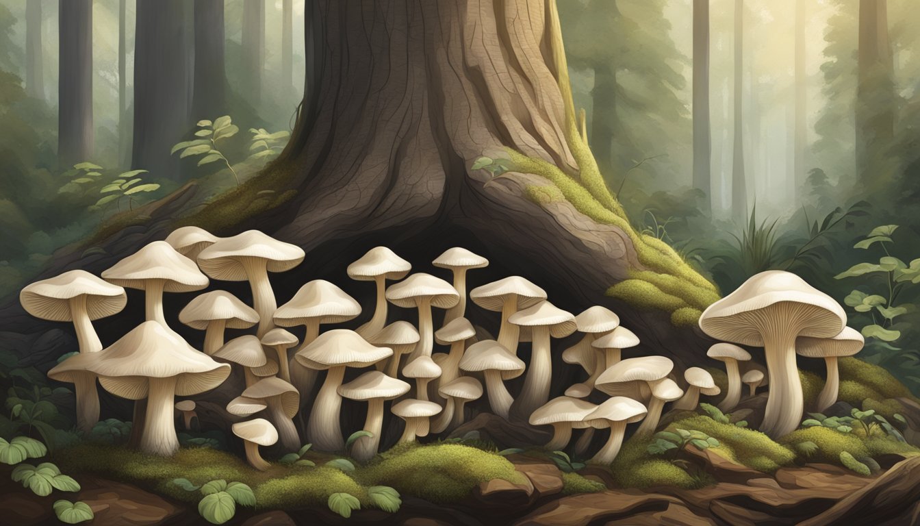 A close-up of ten oyster mushrooms growing on a tree trunk in a forest setting