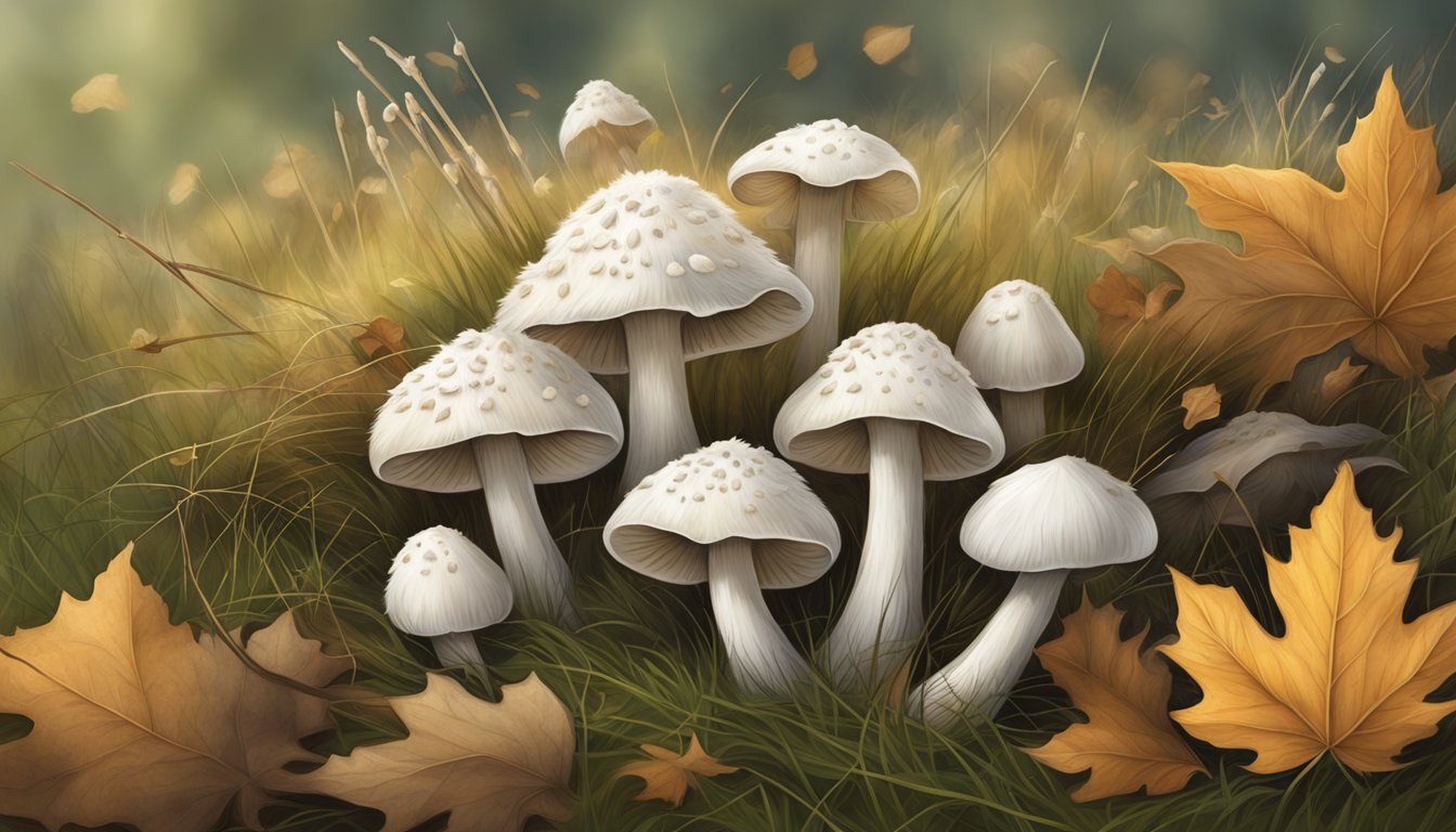 A cluster of shaggy mane mushrooms growing in a grassy field, surrounded by fallen leaves and small twigs